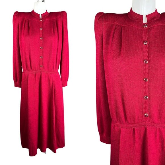 Vtg 80s St John Raspberry Red Santana Knit Button Dress Womens Sz 10 Wool Blend - Picture 1 of 9